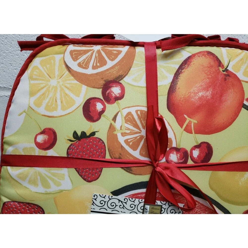 Set of 4 CHAIR PADS CUSHIONS w/ red strings, COLORFUL FRUITS ON GREEN 15
